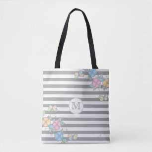 Butterfly Floral Striped Monogramm Grau