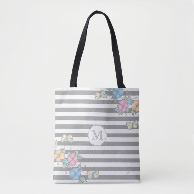 Butterfly Floral Striped Monogramm Grau (Vorderseite)