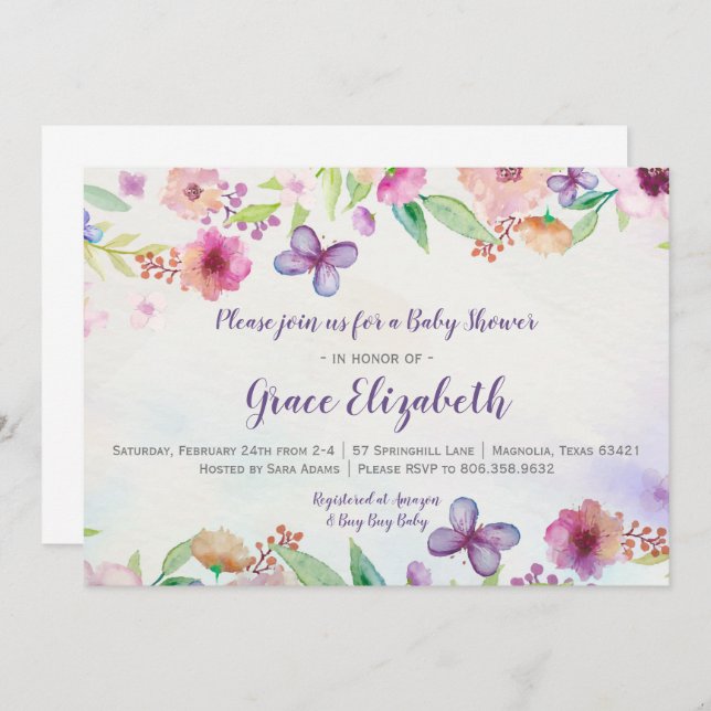 Butterfly Floral Watercolor Babydusche Einladung (Vorne/Hinten)