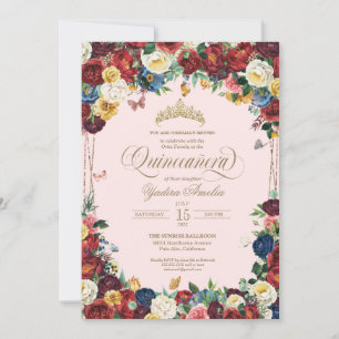 Butterfly Floral Watercolor Rosa Rosa Quinceanera Einladung