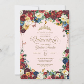 Butterfly Floral Watercolor Rosa Rosa Quinceanera Einladung
