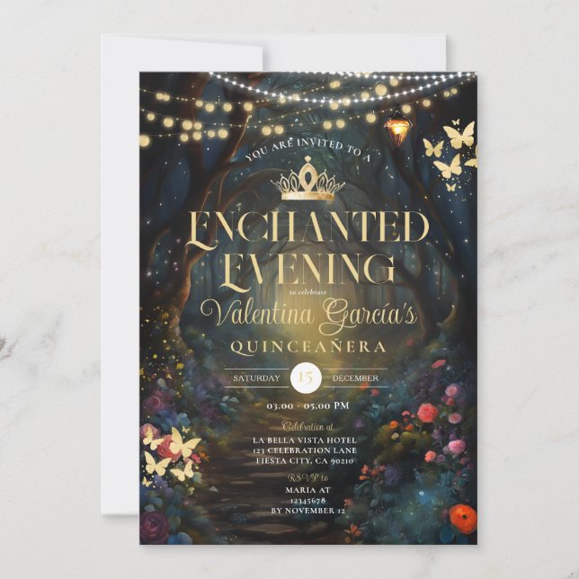 Butterfly Forest Quinceañera 15 Anos Blume Gold Einladung (Vorderseite)
