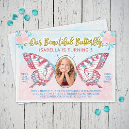 Butterfly Foto Girls Niedlich Kid Pink Geburtstags Einladung