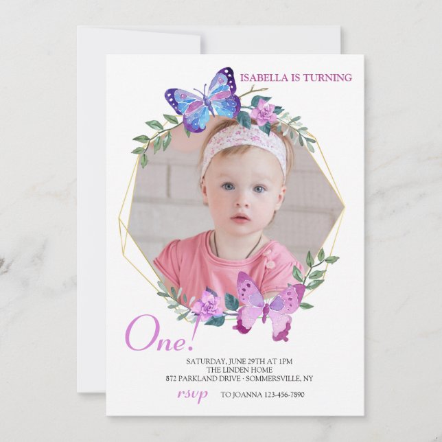 Butterfly Frame Foto Geburtstag Einladung (Vorderseite)