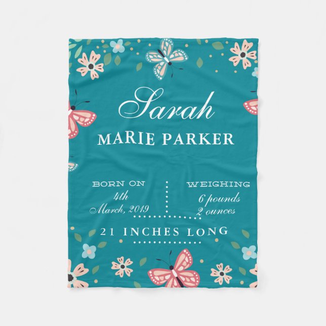 Butterfly Garden Baby Birth Stats Fleece Blanken (Vorderseite)