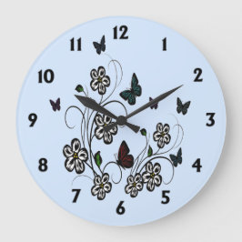Butterfly Garden Blue mit schwarzen Zahlen Große Wanduhr