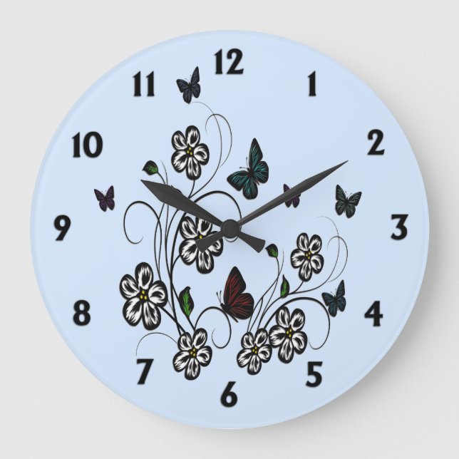 Butterfly Garden Blue mit schwarzen Zahlen Große Wanduhr (Vorderseite)