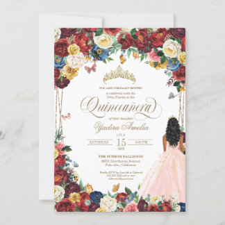 Butterfly Garden Blush Pink Red Quinceanera Einladung