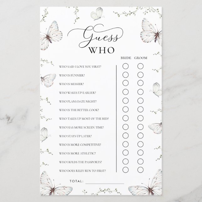 Butterfly Garden Bridal Shower Guess Who Game (Vorderseite)