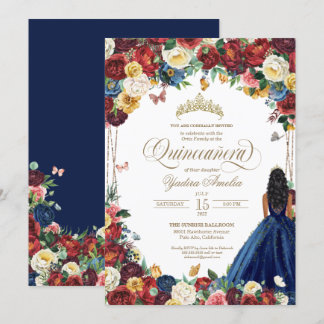 Butterfly Garden Burgundy Blue Floral Quinceanera Einladung
