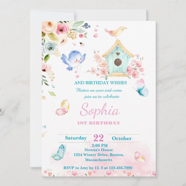 butterfly garden first birthday invitation einladung (Vorderseite)