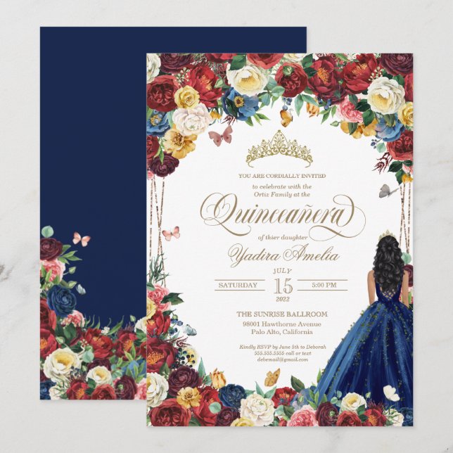 Butterfly Garden Royal Blue Red Floral Quinceanera Einladung (Vorne/Hinten)