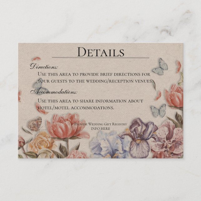 Butterfly Garden Vintage Hochzeit Details Begleitkarte (Vorderseite)
