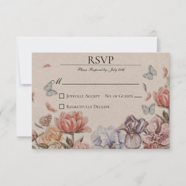 Butterfly Garden Vintage Wedding RSVP Karte (Vorderseite)