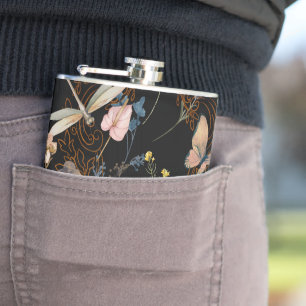 Butterfly Garden Wedding Black Flachmann