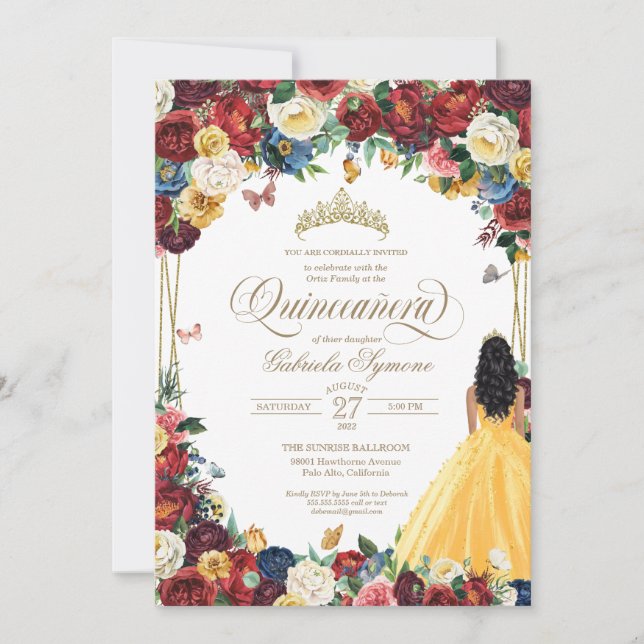 Butterfly Garden Yellow Burgundy White Quinceanera Einladung (Vorderseite)