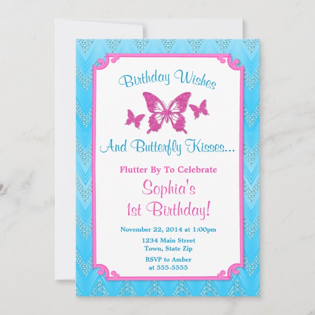 Butterfly Geburtstag Einladung Rosa 1. Geburtstag (Vorderseite)
