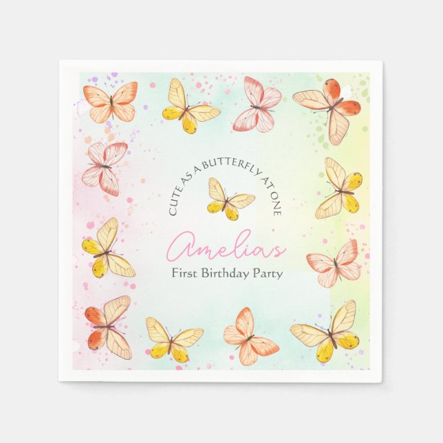Butterfly Girl 1st Birthday Party Paper Napkins Serviette (Vorderseite)