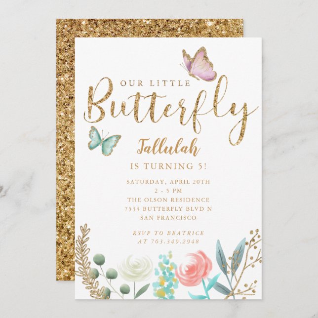 Butterfly Girls Geburtstagsparty Einladung (Vorne/Hinten)