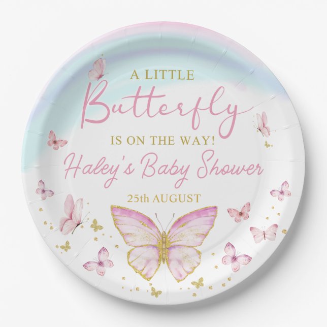 Butterfly Girls Pink Babydusche Papierplatte Pappteller (Vorderseite)