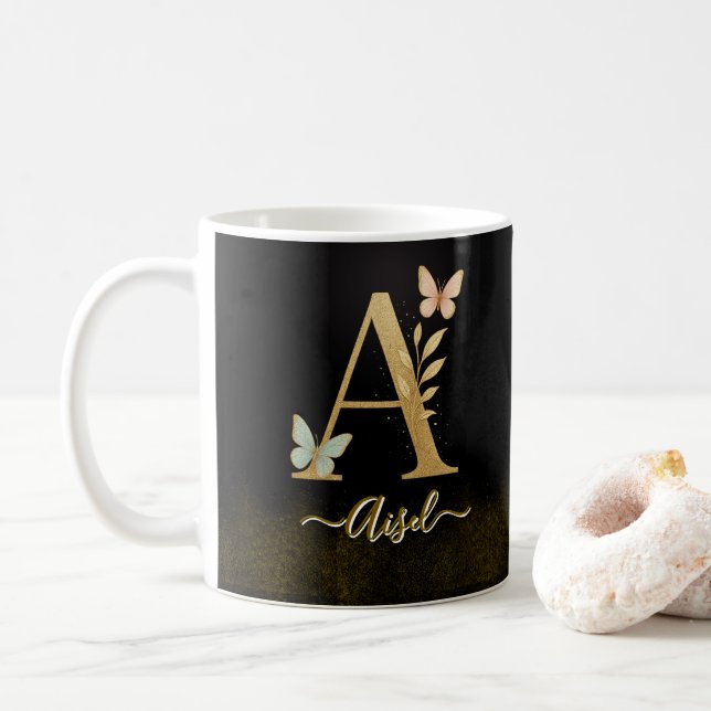 Butterfly Gold "A" Monogram Coffee Tasse (Mit Donut)
