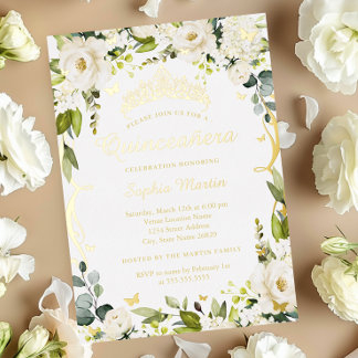 Butterfly Gold Champagne Floral Quinceanera Folieneinladung