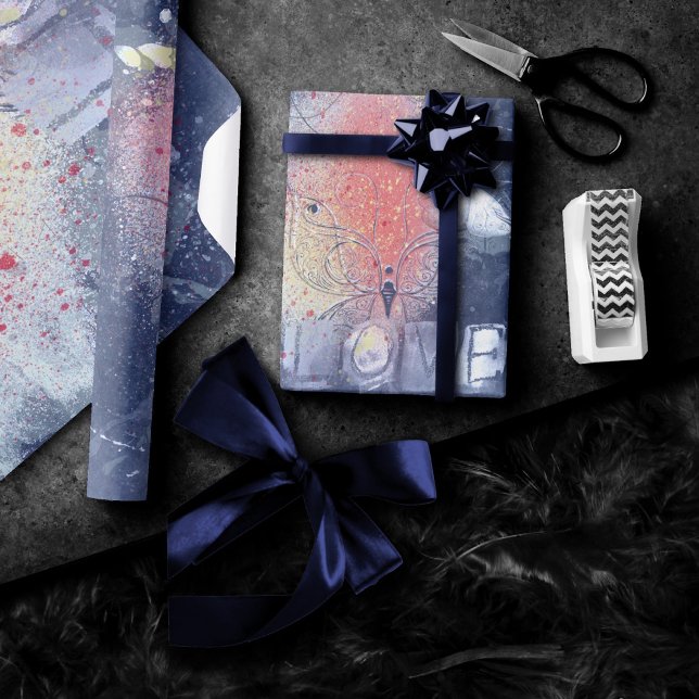 Butterfly Grunge Liebe | Coral Orange Lila Paint Geschenkpapier (Von Creator hochgeladen)