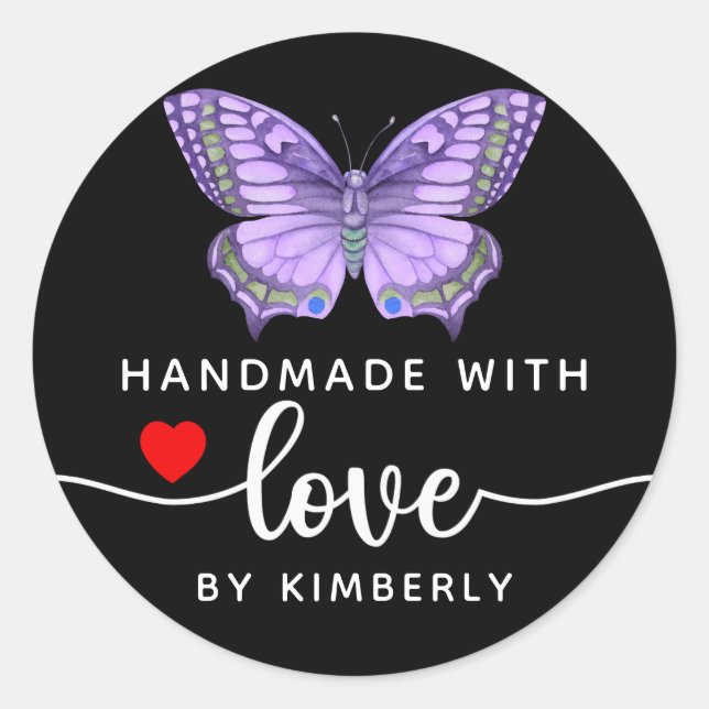 Butterfly Handmade mit Liebe Black Runder Aufkleber (Vorderseite)