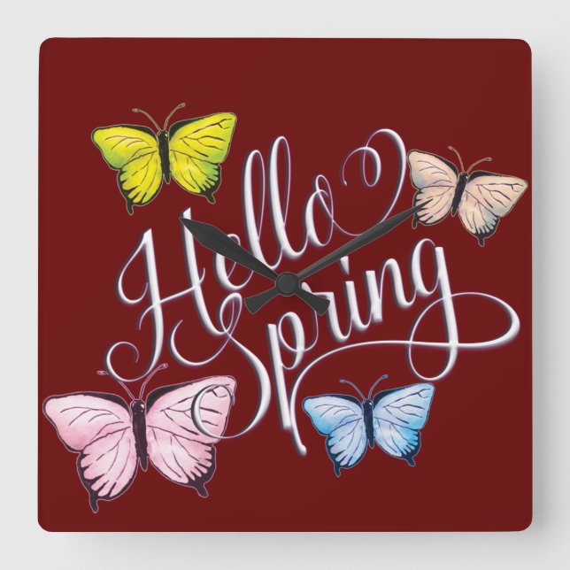 Butterfly Hello Spring Quadratische Wanduhr (Vorderseite)