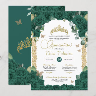 Butterfly Jade Green Rose und Gold Quinceanera Einladung