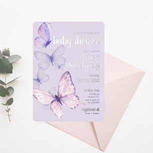 Butterfly Kiss & Baby wünscht Babydusche Lila Folieneinladung