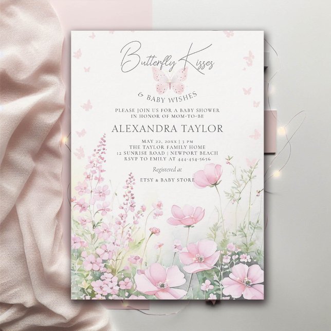 Butterfly Kiss Pink Wild Blume Baby Girl Dusche Einladung (butterfly kisses pink wild flowers garden girl baby shower template)