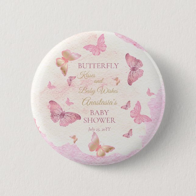 Butterfly Kisses and Baby Wish Girl Baby Shower Button (Vorderseite)