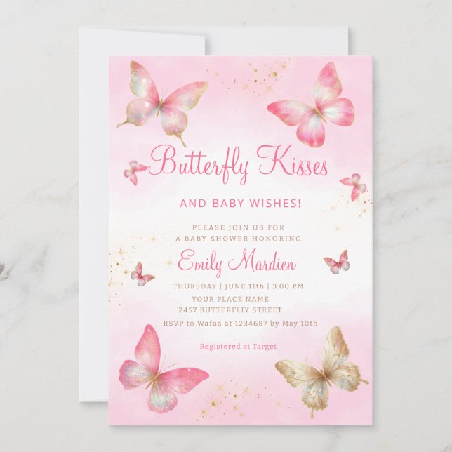 Butterfly Kisses and Baby Wish Girl Baby Shower Einladung (Vorderseite)