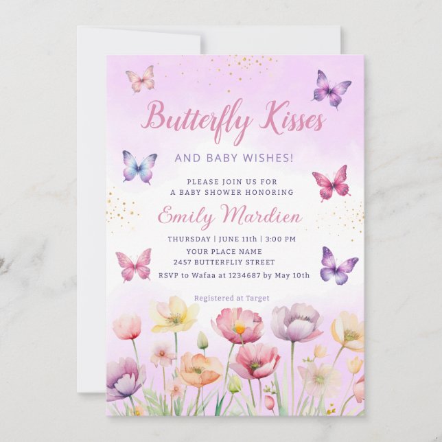Butterfly Kisses and Baby Wish Girl Baby Shower Einladung (Vorderseite)