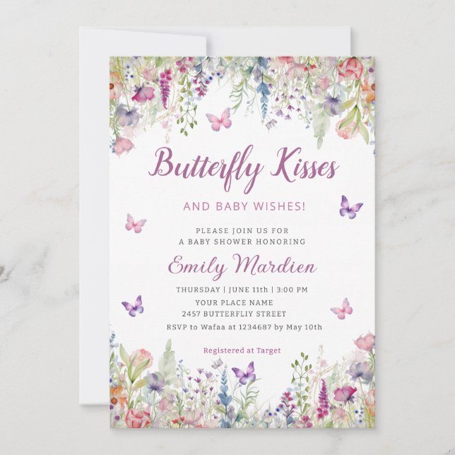 Butterfly Kisses and Baby Wish Girl Baby Shower Einladung (Vorderseite)