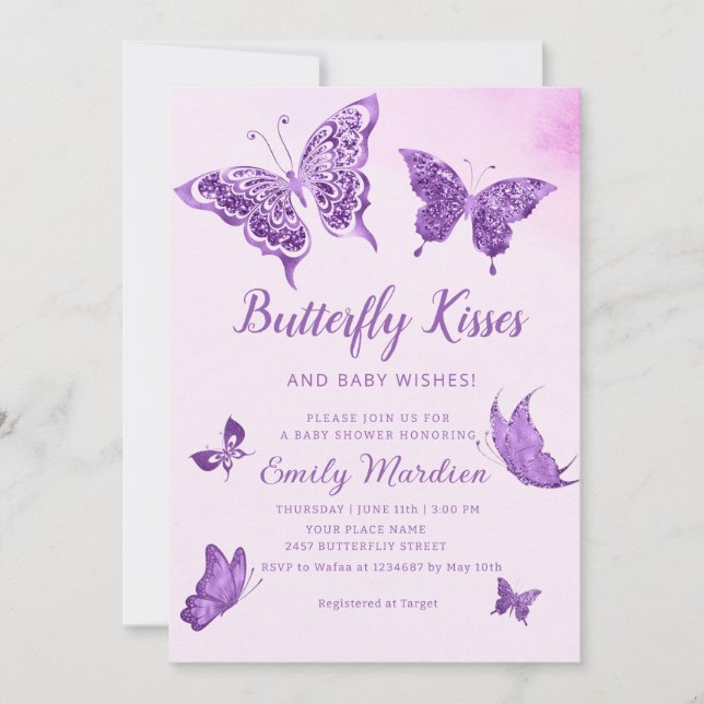Butterfly Kisses and Baby Wish Girl Baby Shower Einladung (Vorderseite)