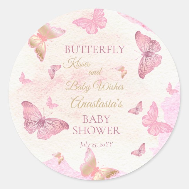 Butterfly Kisses and Baby Wish Girl Baby Shower Runder Aufkleber (Vorderseite)