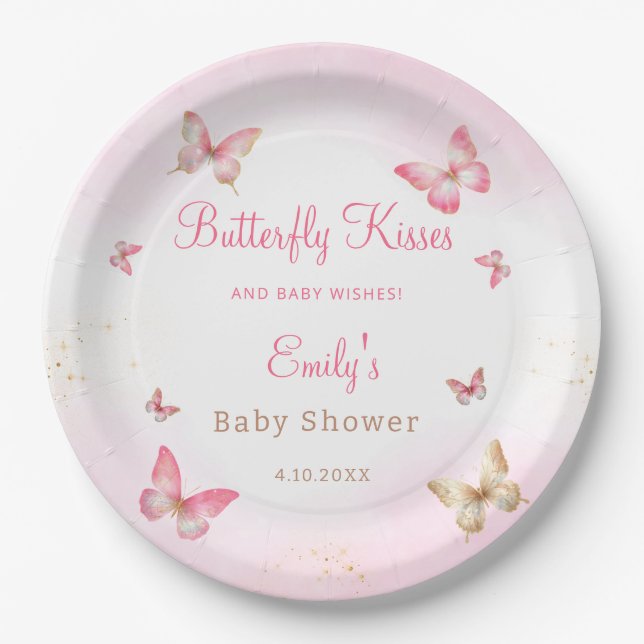 Butterfly Kisses and Baby wünscht Pink Baby Dusche Pappteller (Vorderseite)