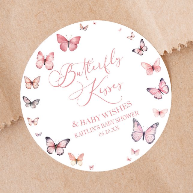 Butterfly Kisses and Baby wünscht Pink Baby Dusche Runder Aufkleber (Von Creator hochgeladen)
