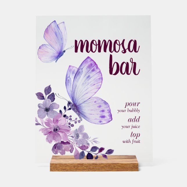 Butterfly Kisses & Baby Wünsche | Momosa Bar Lila Acrylschild (Vorderseite)