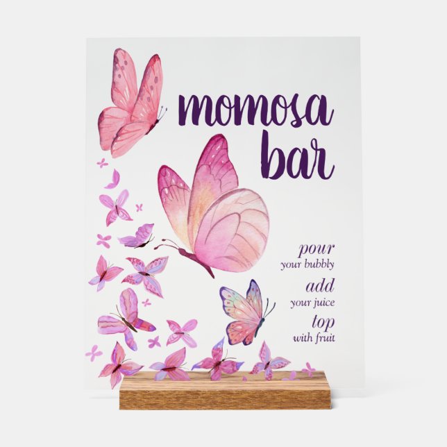 Butterfly Kisses & Baby Wünsche | Momosa Bar Pink Acrylschild (Vorderseite)