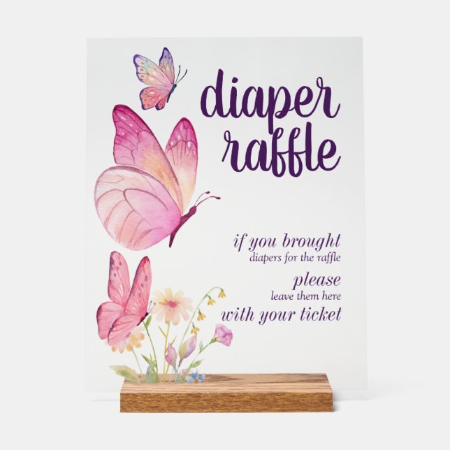 Butterfly Kisses Baby wünscht | Diaper Raffle Pink Acrylschild (Vorderseite)