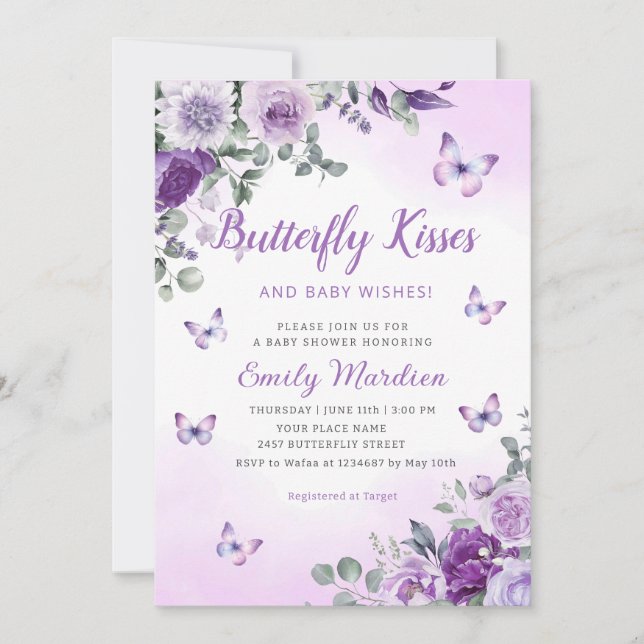 Butterfly Kisses & Baby wünscht Lila Babydusche Einladung (Vorderseite)
