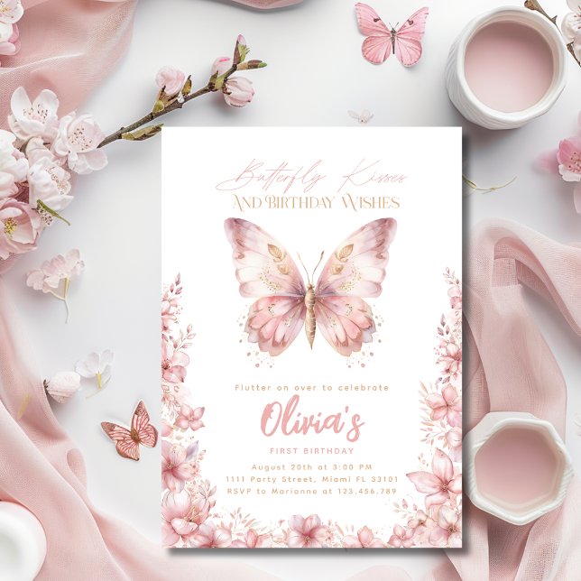 Butterfly Kisses Birthday Pink Butterfly Party Einladung (Butterfly Kisses Birthday Pink Butterfly Party Invitation)