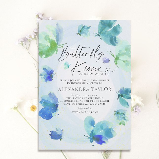 Butterfly Kisses Blue Watercolor Baby Boy Dusche Einladung (butterfly baby shower theme invitation watercolor whimsical sprinkles garden party spring summer boy)