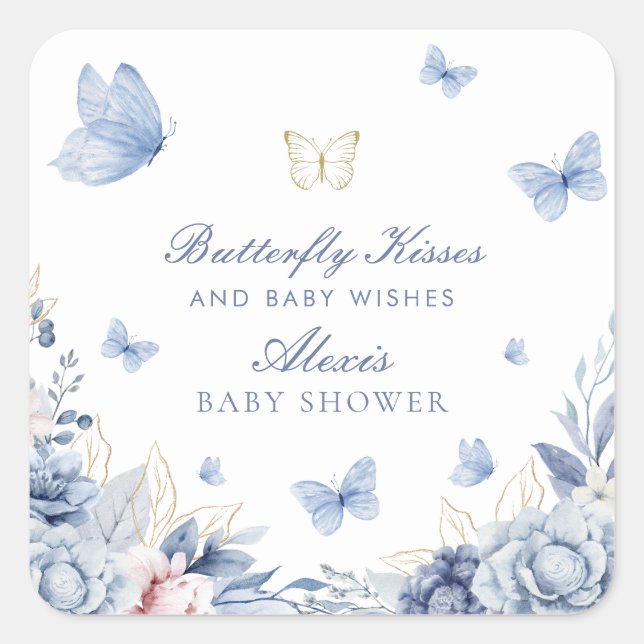 Butterfly Kisses Boy Baby Shower Quadratischer Aufkleber (Vorderseite)