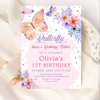 Butterfly Kisses Floral Pink Girl Geburtstag Einladung
