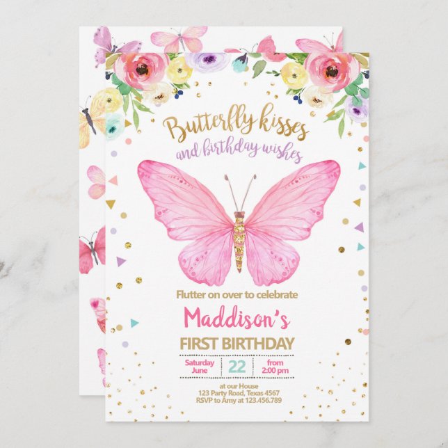 Butterfly Kisses Garden Floral Confetti Geburtstag Einladung (Vorne/Hinten)