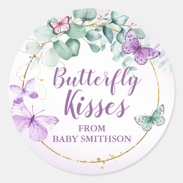 Butterfly Kisses Garden Lila Baby Dusche Gefallen Runder Aufkleber (Vorderseite)